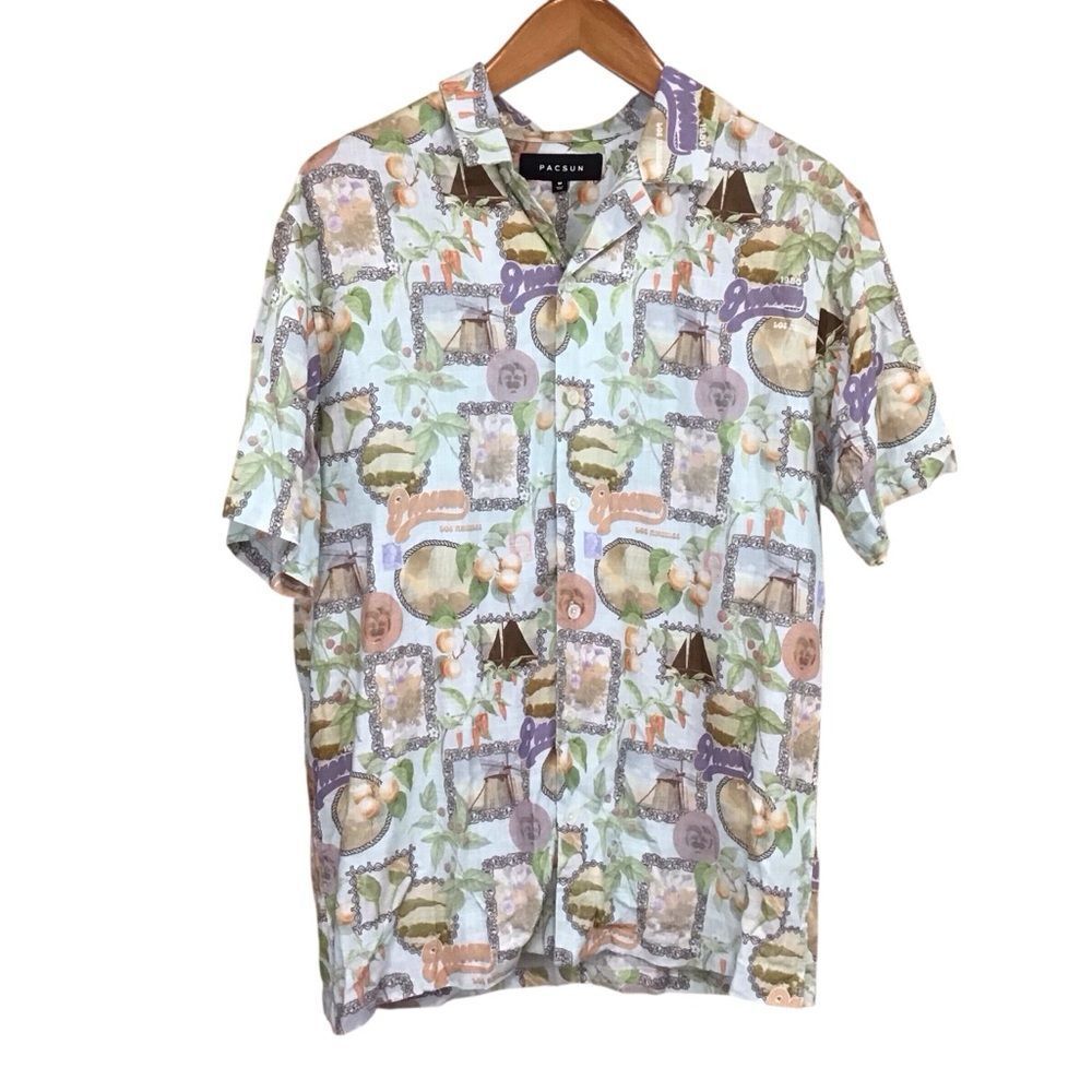 PACSUN AOP Stamp Resort Shirt M NWOT Linen Blend Hawaiian‎ Tropical